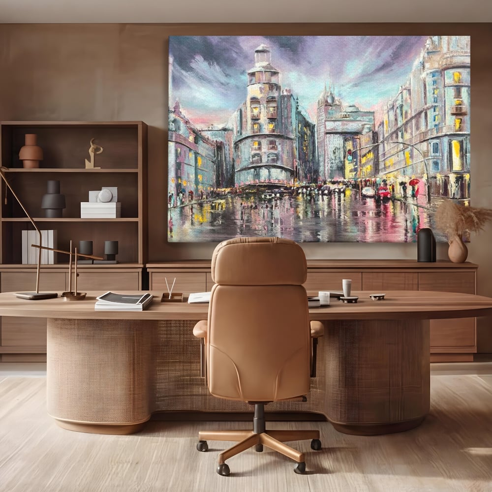Tablou canvas cu pictura urbana cu strada ploioasa, fara rama, pe sasiu de lemn, pe perete intr-un birou